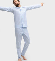 Herren Pyjama mit langen Ärmeln + langer Hose - Blau/Weiss gestreift Atelier Treger