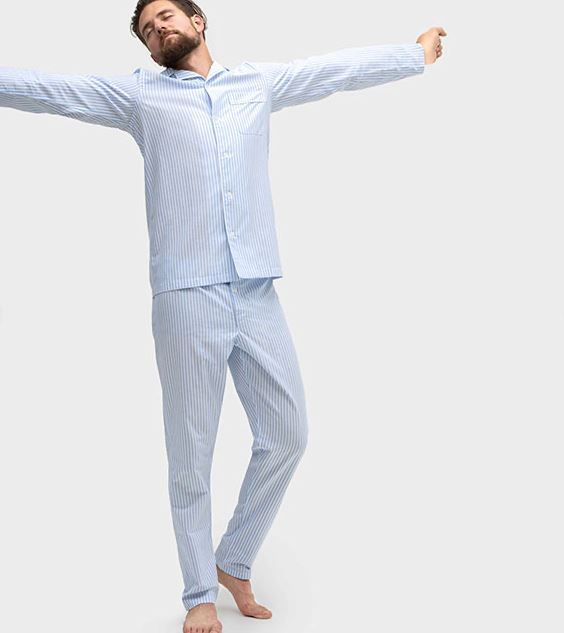 Herren Pyjama mit langen Ärmeln + langer Hose - Blau/Weiss gestreift Atelier Treger